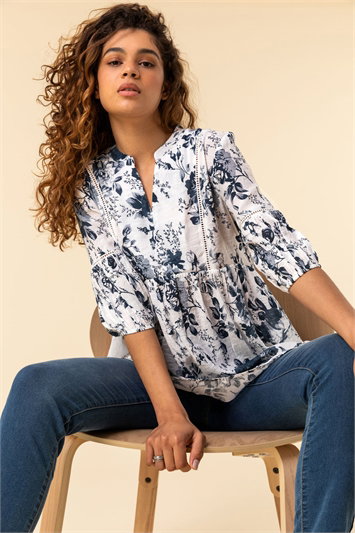 Blue Floral Print Notch Neck Top