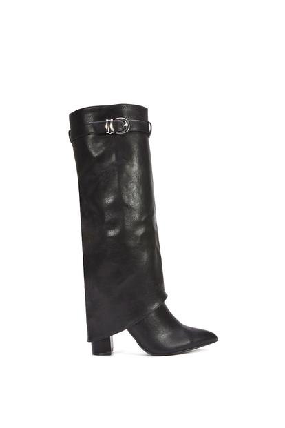 Black 'Aaliyah' Fold Over Boots Block Heel Buckle Point Toe