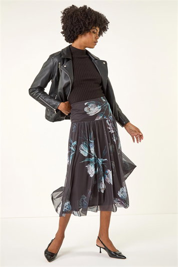 Floral Print Mesh Layered Skirt 17072108