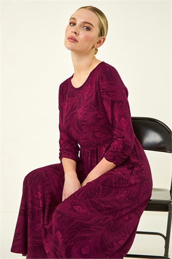 Petite Feather Print Stretch Midi Dress 14896451