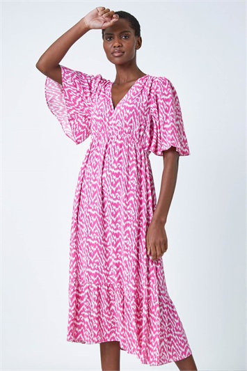 Zig Zag Print Tiered Hem Midi Dress 14262572
