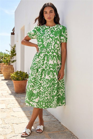 Green Abstract Print Midi Shirt Dress