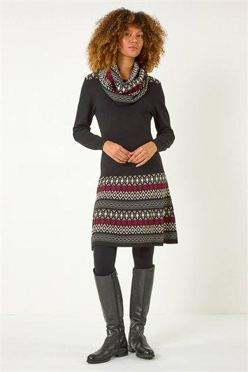 2 in 1 Nordic Print Scarf Neck Knitted Dress 14581978