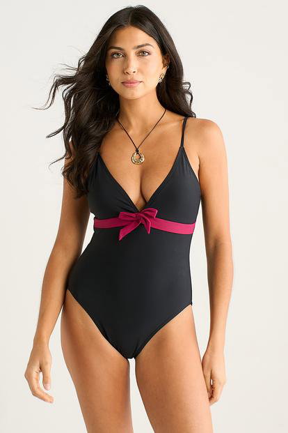 Black Gini London Black Contrast Band Plunge Neck Swimsuit
