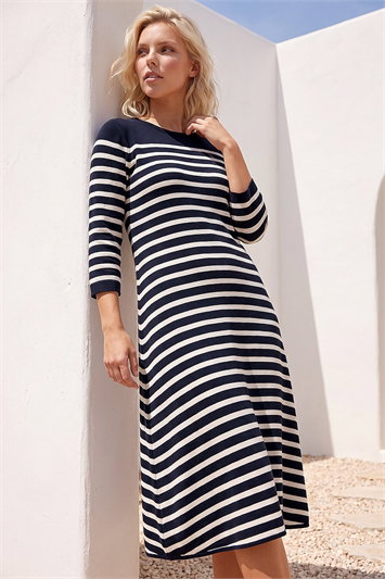 Blue Petite Stripe Knitted Midi Dress