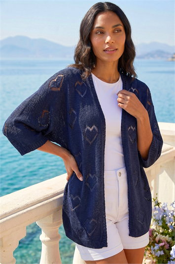 Blue Pointelle Heart Knit Cardigan
