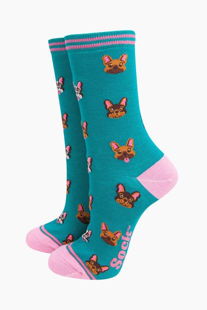 Blue French Bulldogs Bamboo Socks - Teal