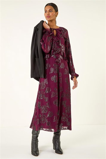 Floral Brocade Frill Midi Dress 14810095