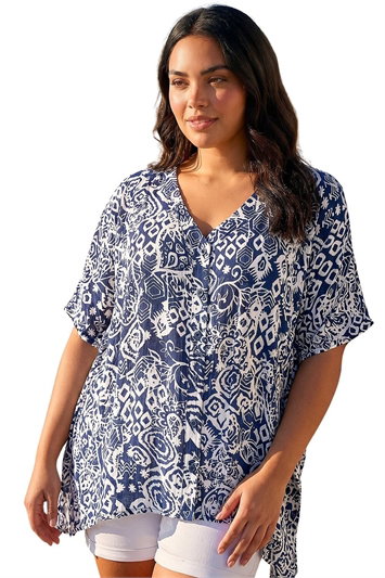 Blue Curve Ikat Print Asymmetric Blouse
