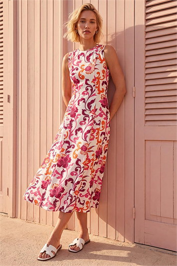 Floral Pleated A-Line Midi Dress 14920572