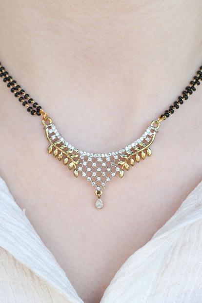 Metallic Indian Nazaria Silver Zircon Mangalsutra Black Beads Earring And Pendant Necklace