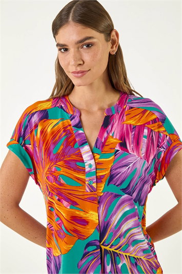 Blue Leaf Print Stretch Shirt