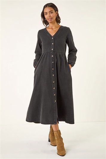Black Denim Button Down Midi Dress