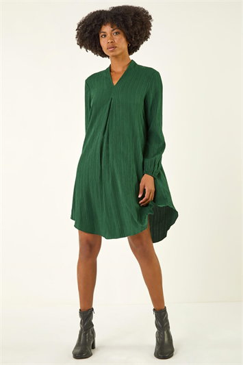 Green Textured V-Neck Swing Dress