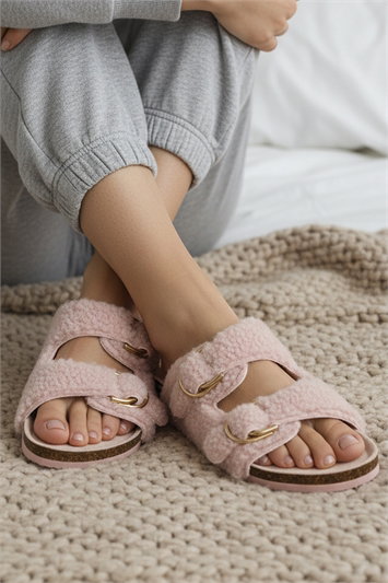Pink Faux Fur Double Buckle Slipper