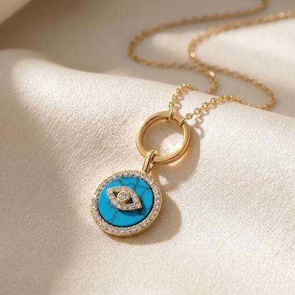 Metallic Gold Plated Turquoise Evil Eye Pendant Charm Necklace
