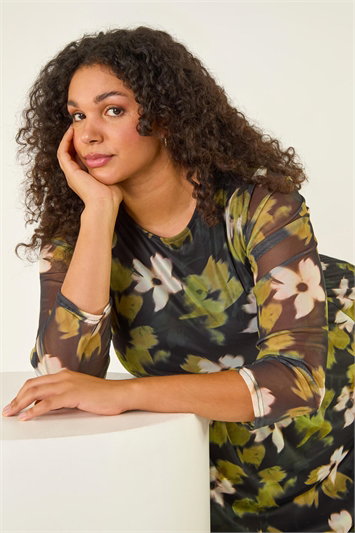 Curve Floral Print Mesh Midi Dress 14802934