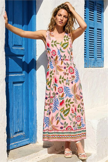 Pink Tropical Floral Midi Dress