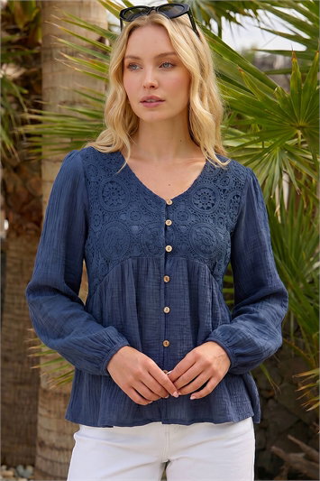 Blue Crochet Button Up Blouse