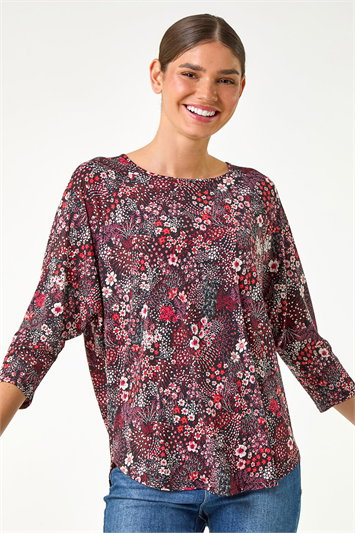 Red Textured Ditsy Floral Stretch Top