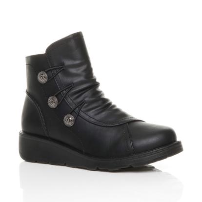 Black Low Wedge Comfort Button Ankle Boots