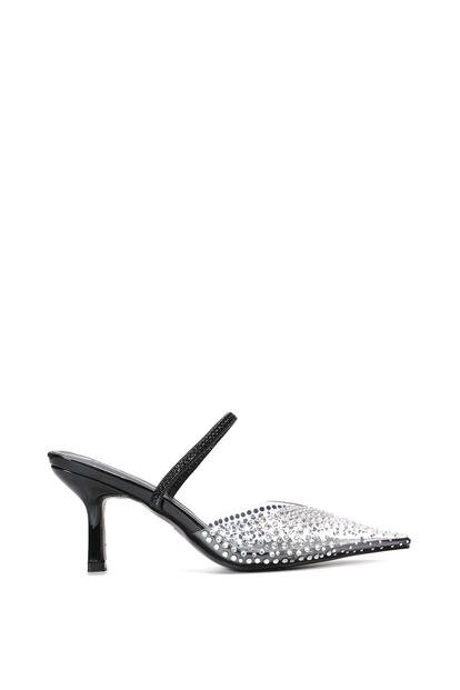 Black 'Tia' Clear Perspex Diamante Stiletto Heel Slingback Court Shoes