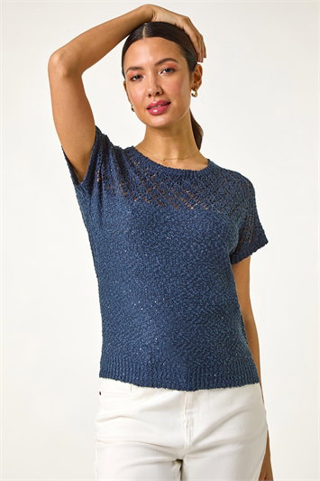 Blue Crochet Mixed Knit Top