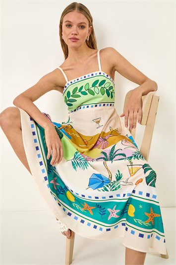 White Beach Print Strappy Midi Dress