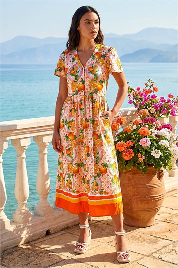 Fruit Print V-Neck Midi Dress 14919064