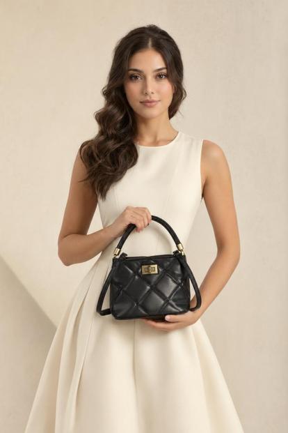 Black Quilted Top-Handle Crossbody Mini Handbag - Black