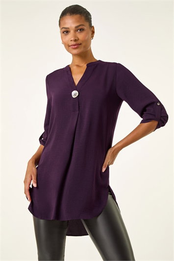 Purple Longline Buttoned Notch Neck Top