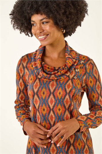 Orange Abstract Print Cowl Neck Top