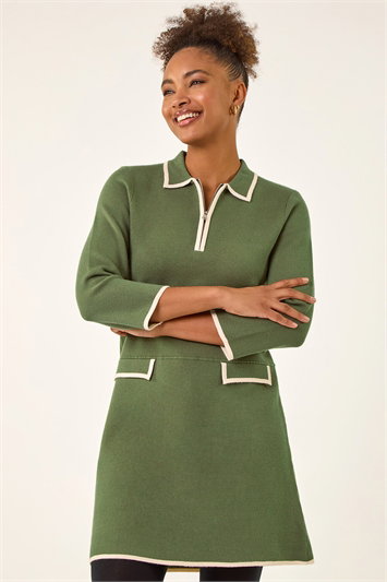 Green Contrast Zip Collared Knit Dress