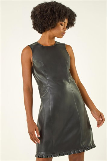 Black Faux Leather Pleated Hem Dress