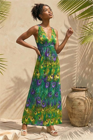 Peacock Printed Stretch Maxi Dress 14685734