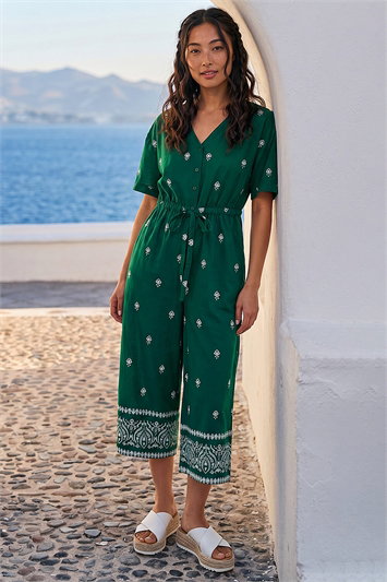 Green Petite Aztec Print Belted Jumpsuit