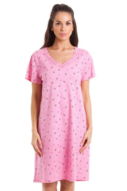 Pink Floral And Heart Print Cotton Nightdress