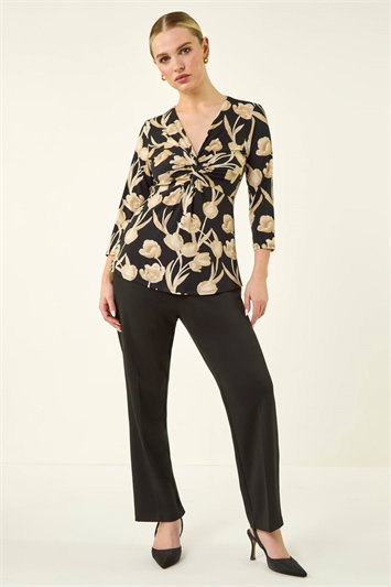 Petite Floral Knot Front Stretch Top 19501608