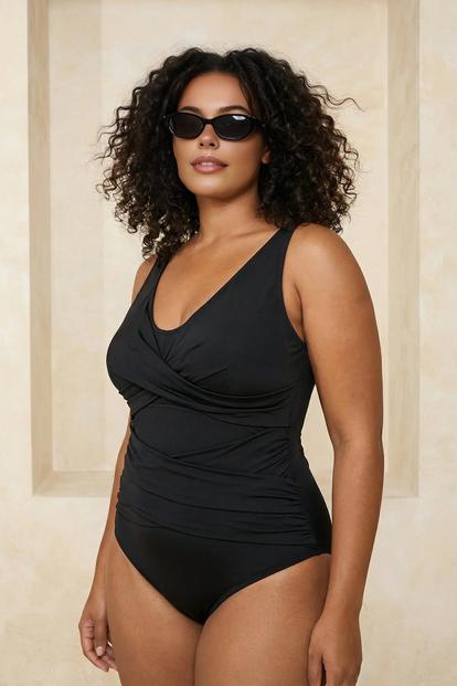 Black Wrap Front Scoop Neck Shaping Swimsuit