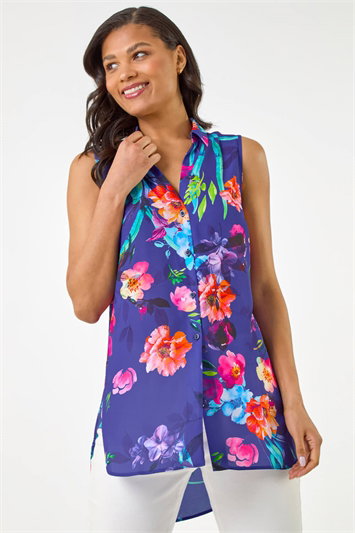 Floral Leaf Print Longline Button Up Blouse 10212876