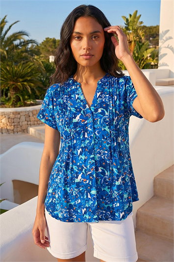 Blue Floral Print Pintuck Stretch Shirt
