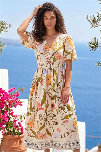 Cream Petite Floral Print Button Midi Dress