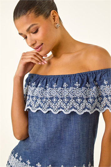 Blue Embroidery Detail Bardot Top
