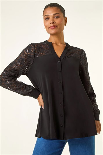 Sequin Lace Insert Stretch Blouse 10213708