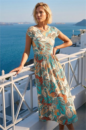 Blue Paisley Print Short Sleeve Midi Dress