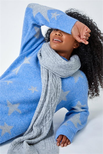 Blue Petite Metallic Star Print Longline Jumper