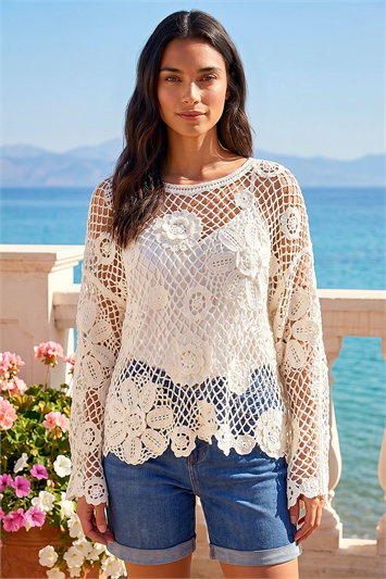 White Floral Open Crochet Knit Tunic