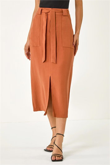 Brown Belted A-Line Midi Skirt