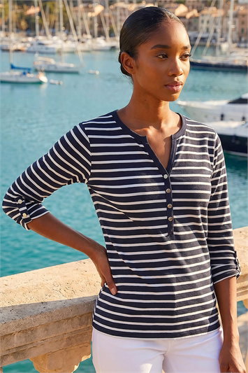 Blue Petite Stripe V-Neck Button Top