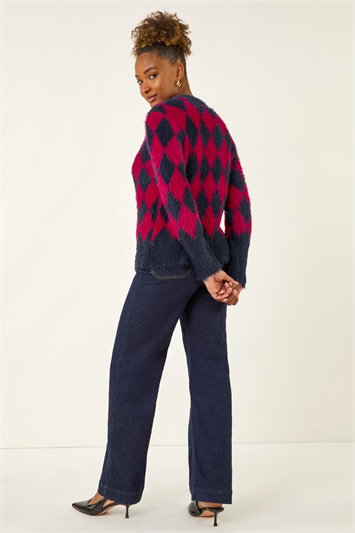 Fluffy Argyle Knit Cardigan 16233578